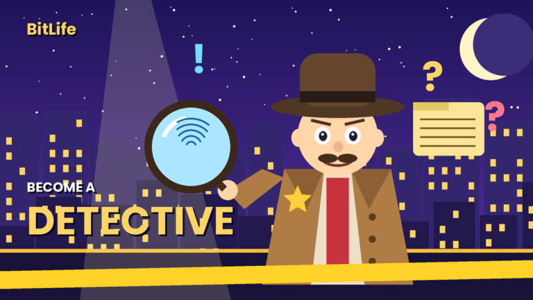 BitLife detective with magnifying glass solving a case in the city